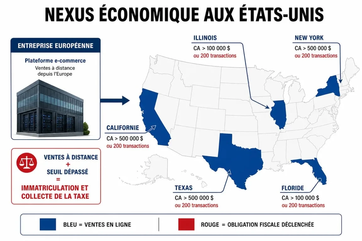 Schéma explicatif du nexus économique et de la sales tax en USA pour les entreprises