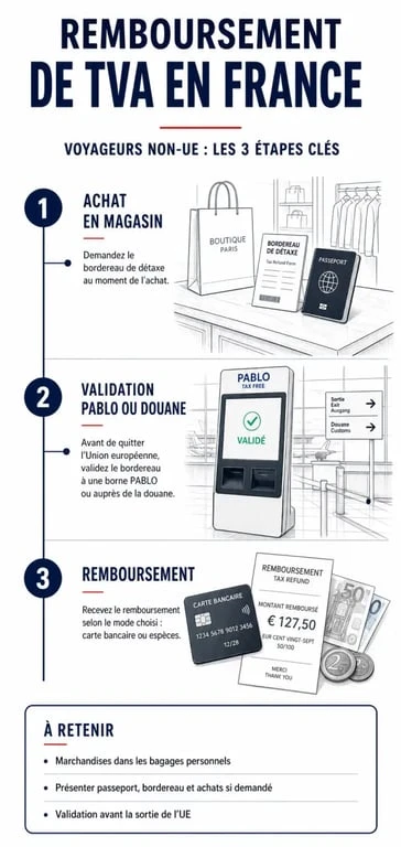 Schéma des étapes du remboursement de TVA tax free en France pour les voyageurs