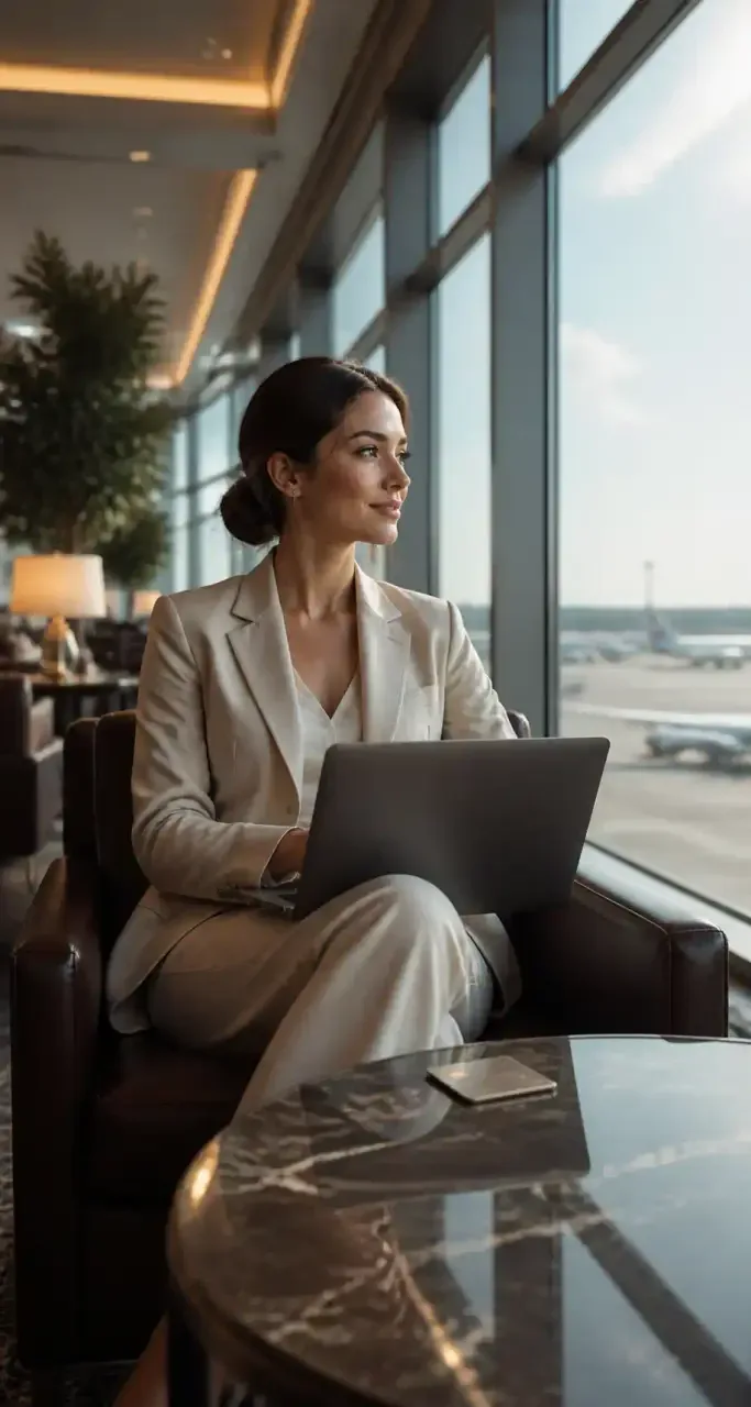 Voyageuse consultant sa banque en ligne dans un salon d'aéroport
