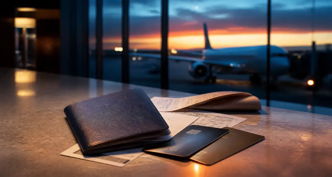 Passeport, cartes bancaires et bordereau de détaxe posés sur un comptoir d'aéroport au crépuscule