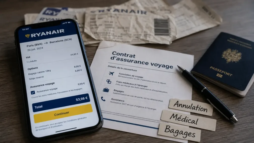 Ryanair assurance : 22 € par personne, plafonds et franchises à vérifier avant de cocher