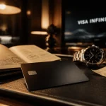Carte bancaire noire mate à côté d’un passeport et d’un billet, design noir premium.