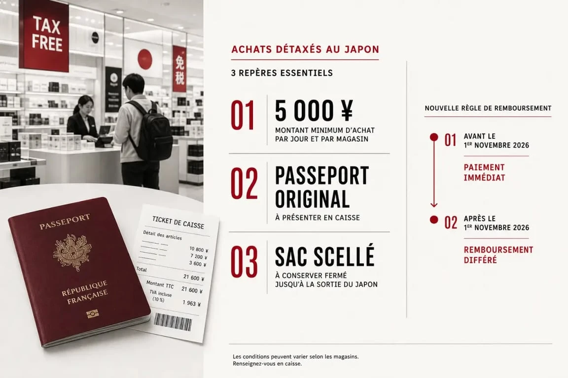Tax free Japan : schéma éditorial des étapes d’achat hors taxes au Japon