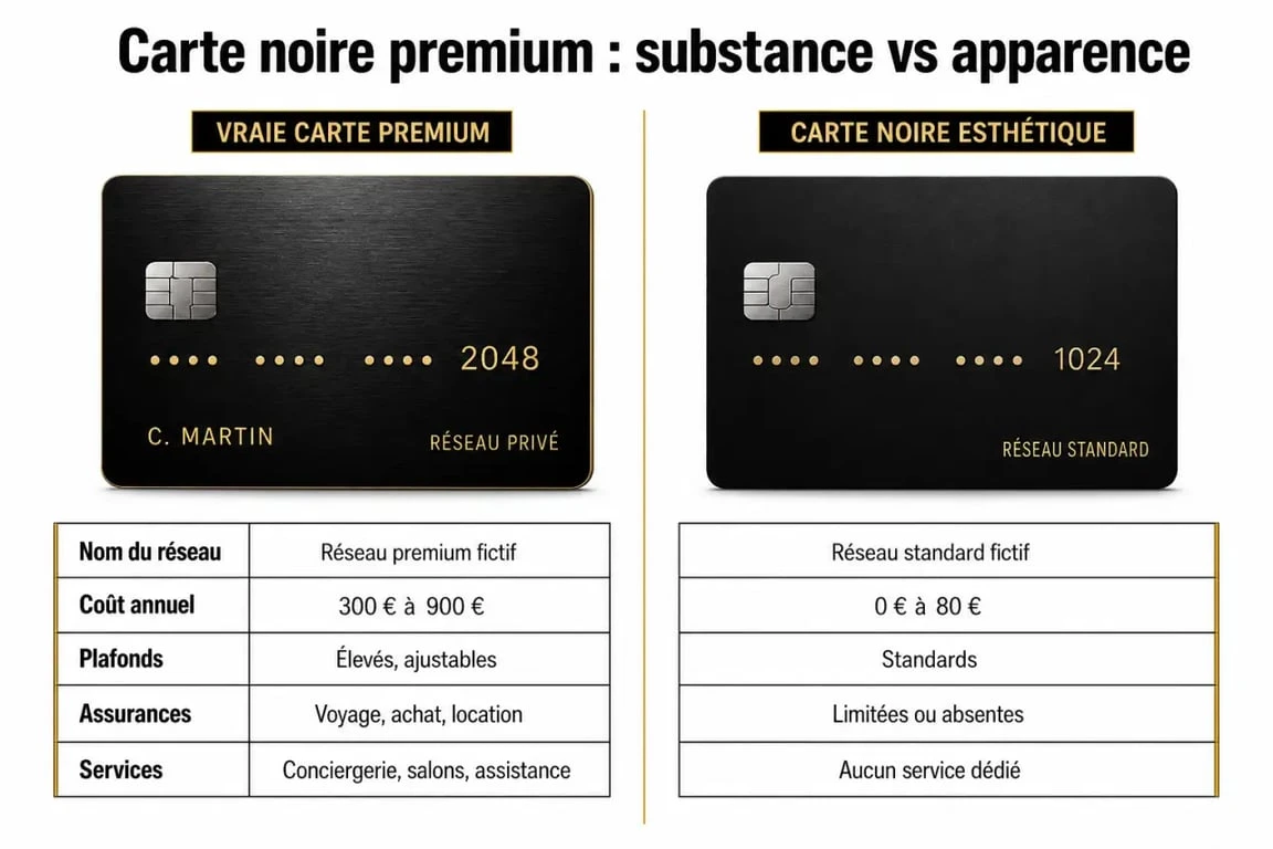Carte bancaire noire : comparaison entre vraie carte premium et carte noire de design