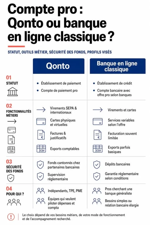 Qonto banque en ligne : comparaison visuelle entre Qonto et une banque en ligne classique