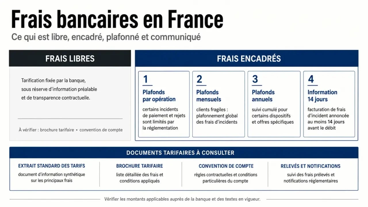 Lois sur les frais bancaires en France : infographie comparative des plafonds légaux et des règles d'information
