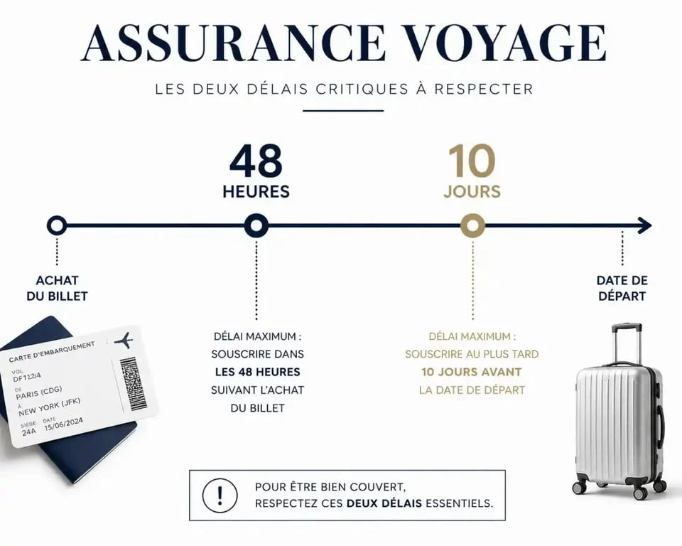 Frise chronologique des délais de souscription pour une assurance voyage avion