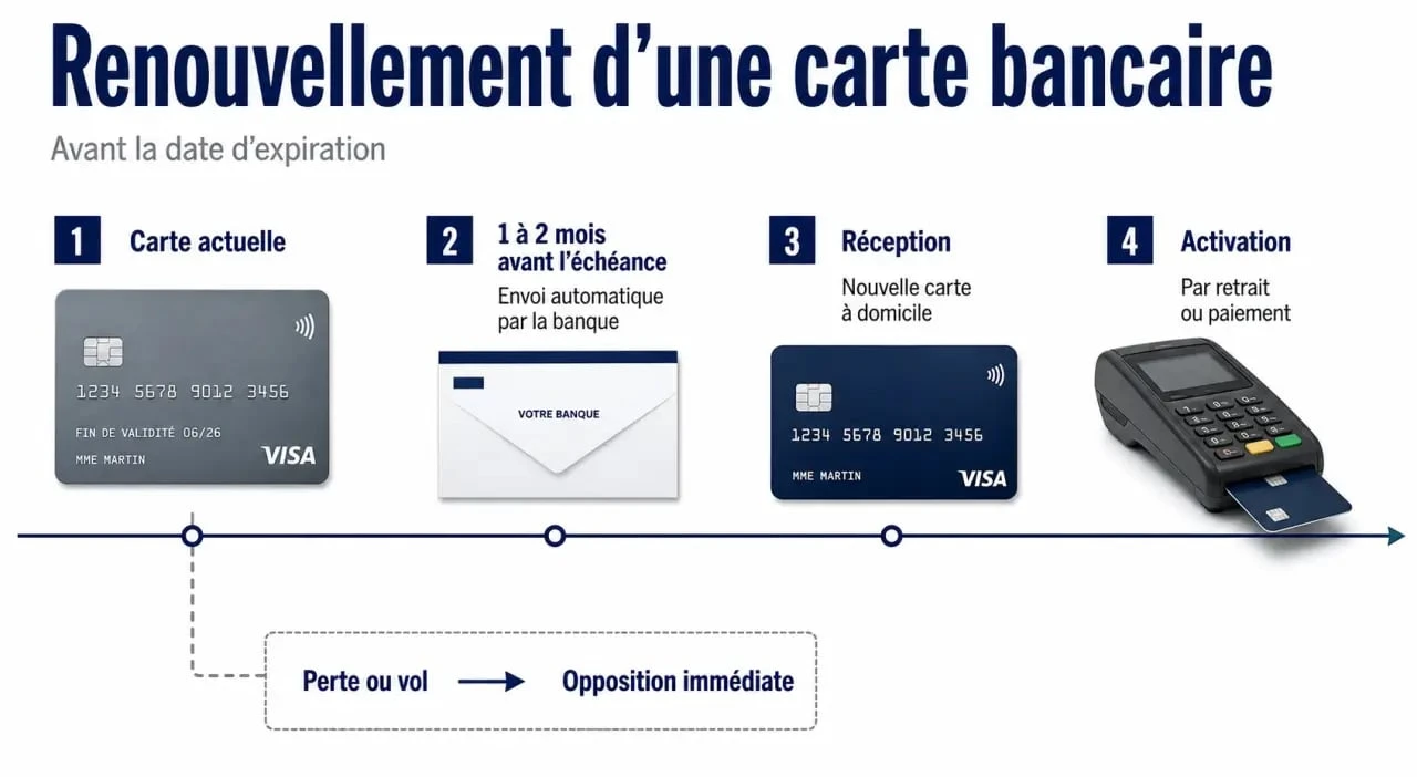 Renouvellement carte bancaire avant expiration : frise des étapes d’envoi automatique, réception, activation et cas de perte ou vol