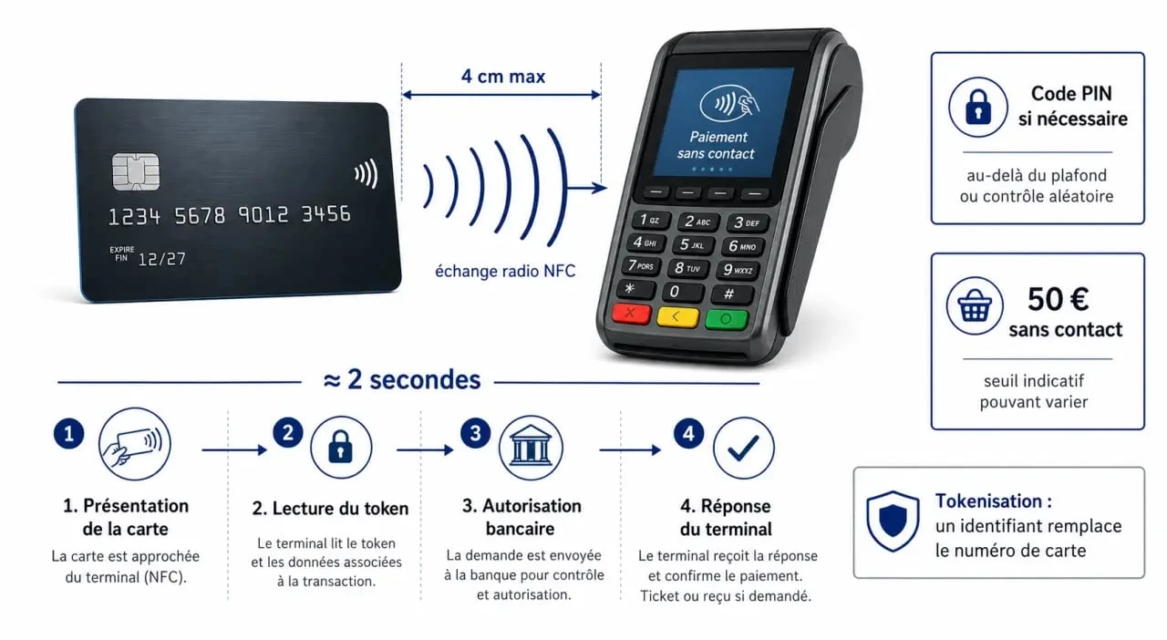 Comment fonctionne carte bancaire contactless safepay : schéma du paiement NFC et des contrôles de sécurité