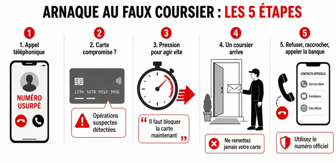 Arnaque faux coursiers carte bancaire : schéma des 5 étapes du piège téléphonique et du faux coursier