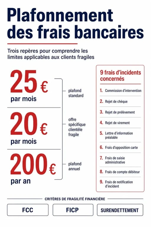 Plafonnement des frais bancaires : comparaison des plafonds 25 euros, 20 euros par mois et 200 euros par an