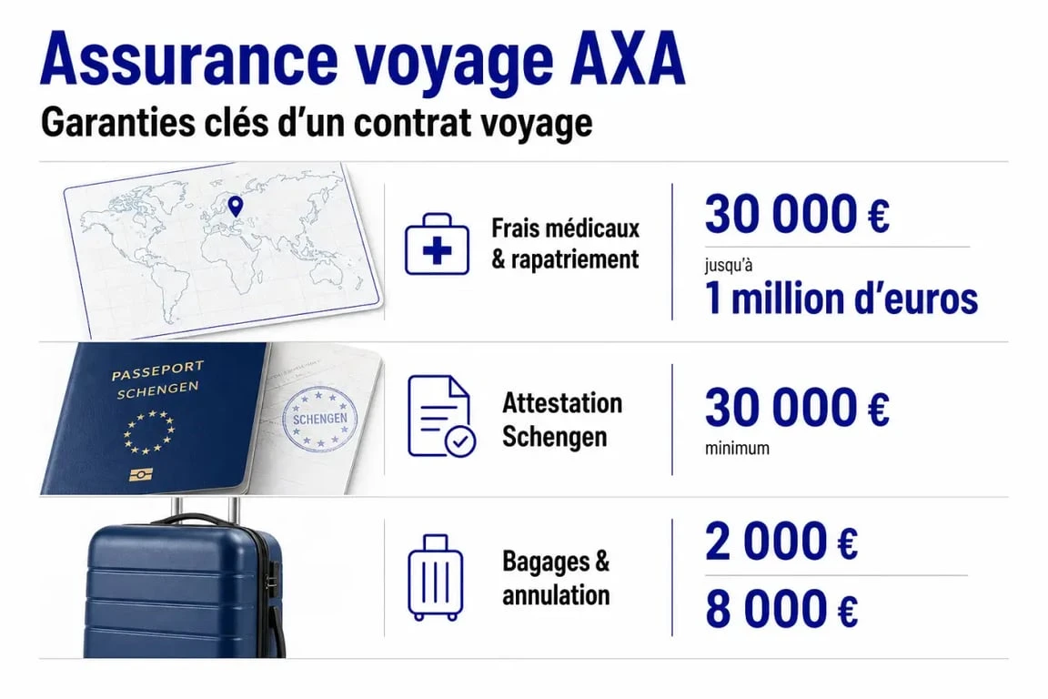 Assurance voyage AXA : visuel comparatif des garanties clés, Schengen, frais médicaux, rapatriement et bagages