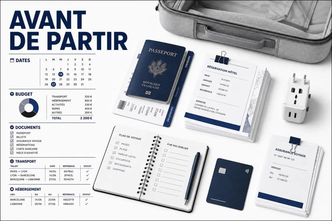 Préparer son voyage : bureau organisé avec passeport, budget, documents et valise avant le départ