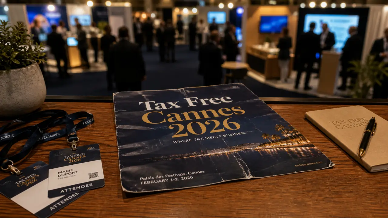 tax free cannes 2026 : affiche sur table et badges visiteurs en salon pro