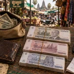 Devises Cambodge : dollars USD et riels KHR sur table