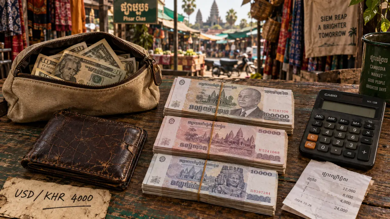 Devises Cambodge : dollars USD et riels KHR sur table