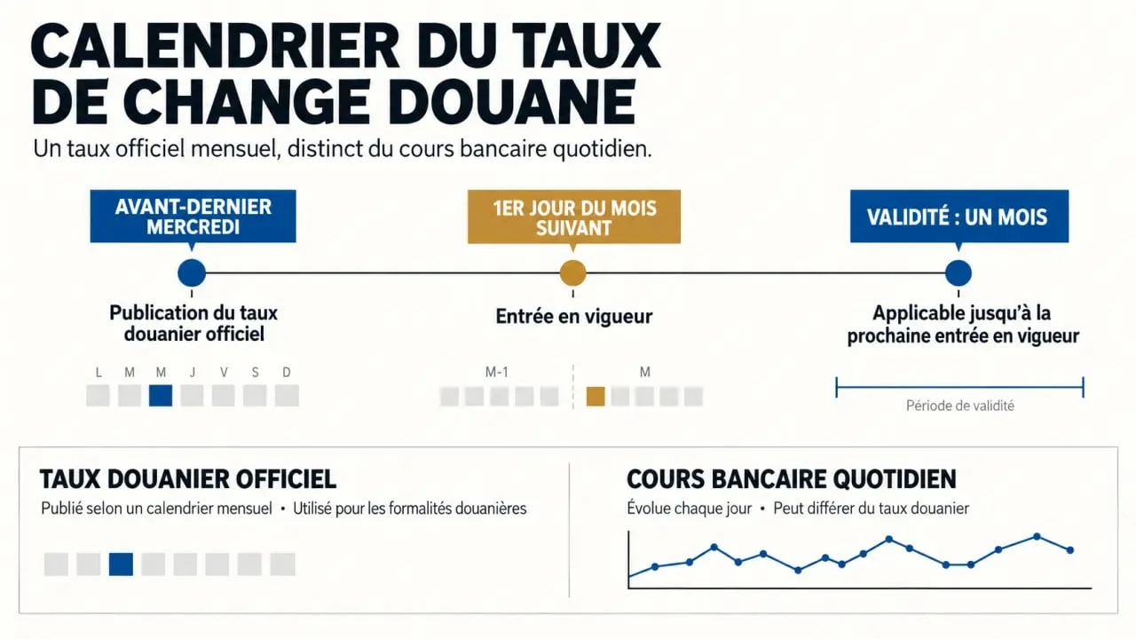 Infographie du taux de change douane et de sa période mensuelle de validité
