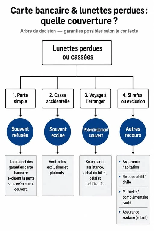 Perte lunettes assurance carte bancaire : schéma des cas couverts et des alternatives d’indemnisation