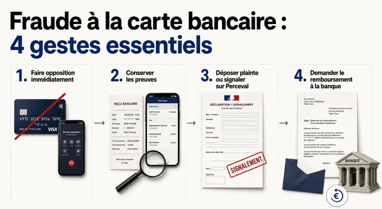 Comment savoir qui a piraté ma carte bancaire : séquence visuelle des démarches à suivre après une fraude