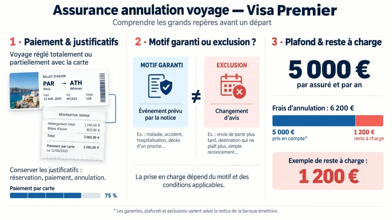 Assurance annulation voyage Visa Premier : paiement, motifs couverts et plafond de remboursement