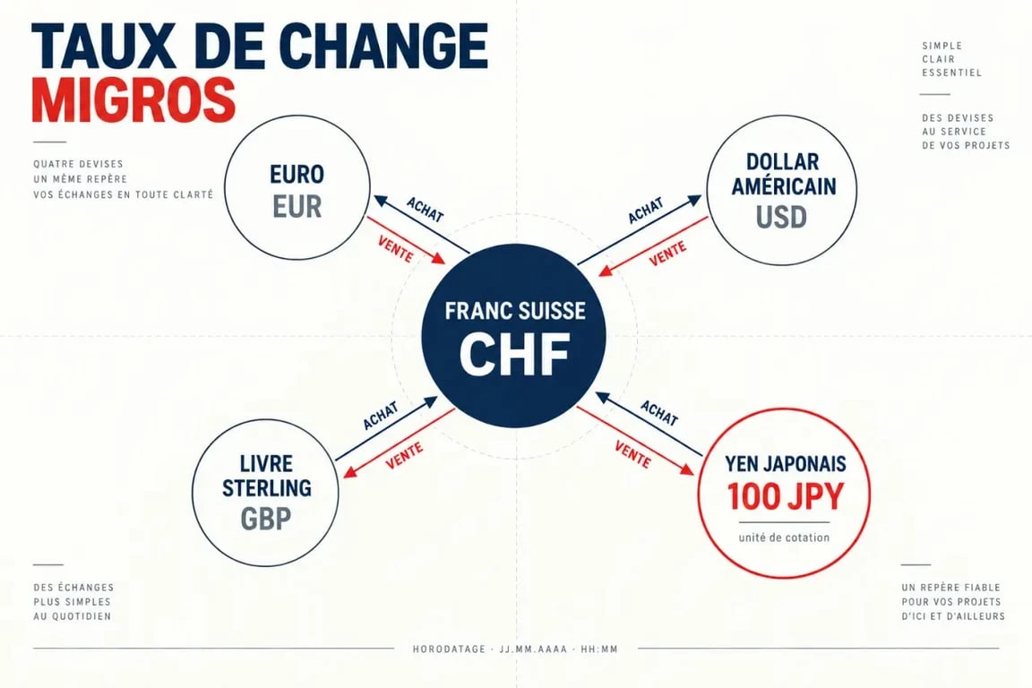 Infographie éditoriale sur les taux de change Migros, les cours d’achat et de vente et la cotation de 100 JPY