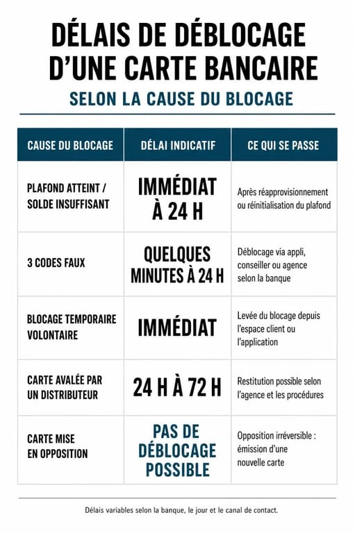 Temps déblocage carte bancaire : infographie des délais selon la cause du blocage