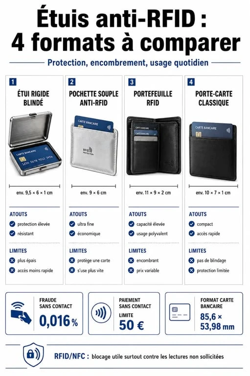 Comparatif visuel d’un etui carte bancaire anti piratage entre étui rigide, pochette souple, portefeuille RFID et porte-carte classique