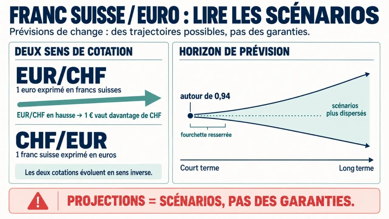Infographie sur la prévision évolution taux de change franc suisse euro et le sens des cotations EUR/CHF et CHF/EUR