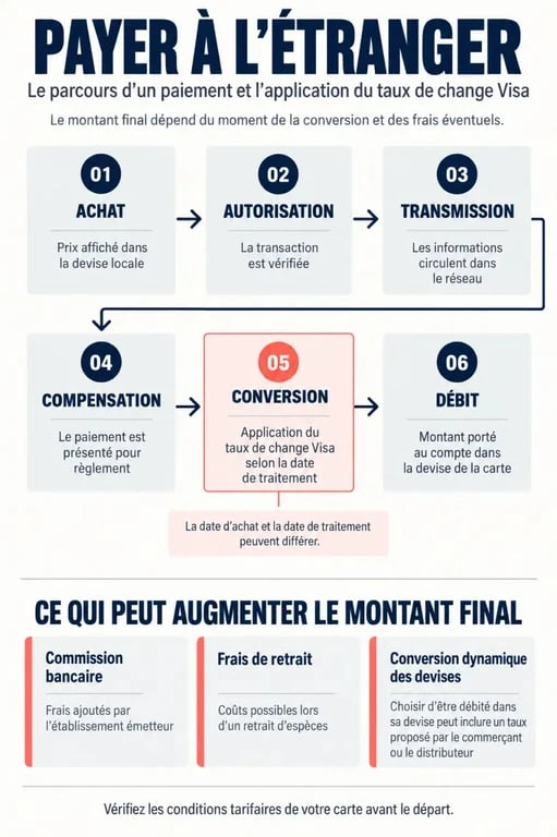 Infographie sur le taux de change Visa et les frais d’un paiement en devise étrangère