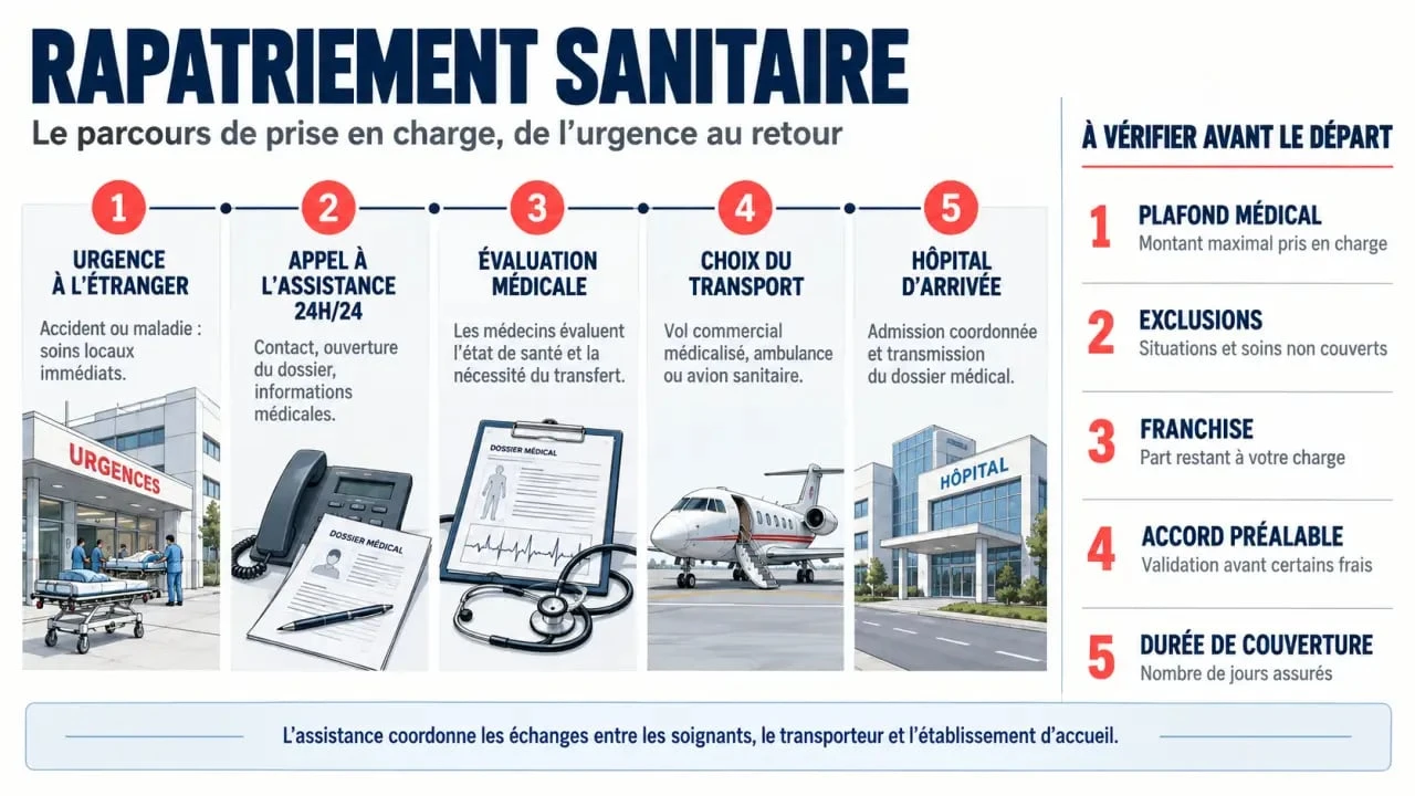 Infographie sur l’assurance pour rapatriement sanitaire et les étapes de prise en charge