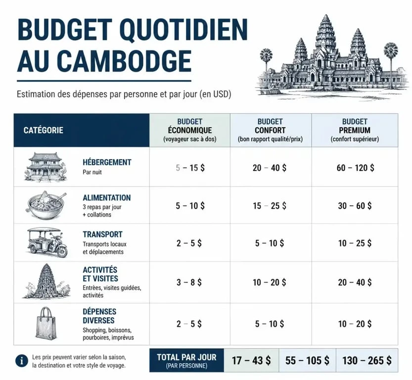 Estimation du budget quotidien au Cambodge pour les devises cambodge