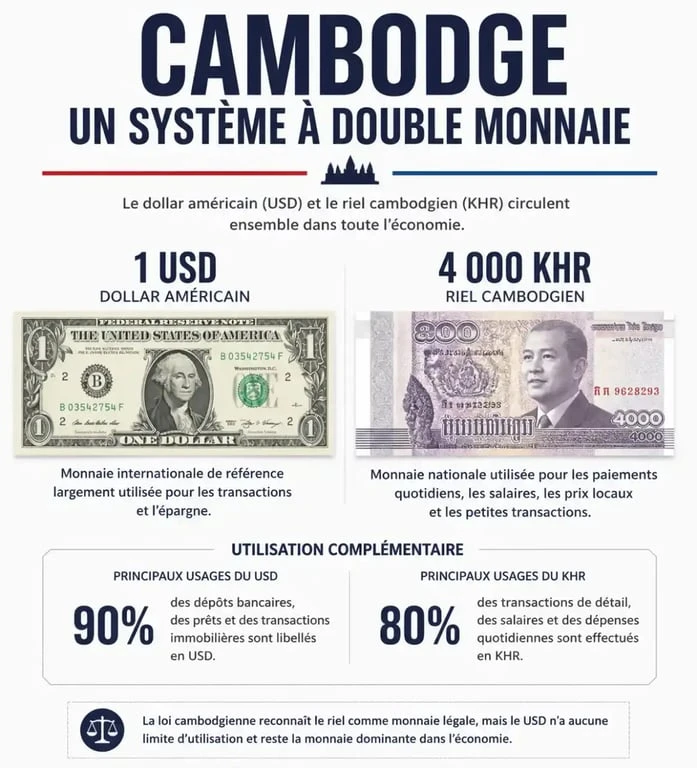 Système monétaire au Cambodge avec dollars et riels pour les devises cambodge