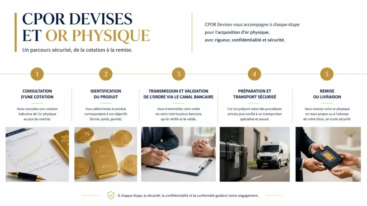 CPOR Devises : schéma du parcours de cotation, ordre et livraison d'or physique