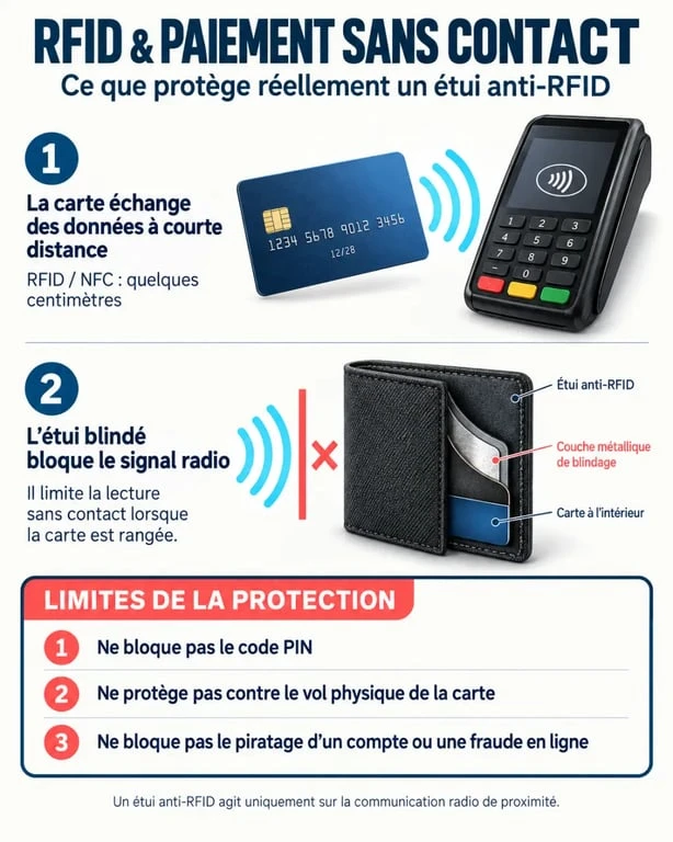 Infographie sur la protection carte bancaire et les limites d’un étui anti-RFID