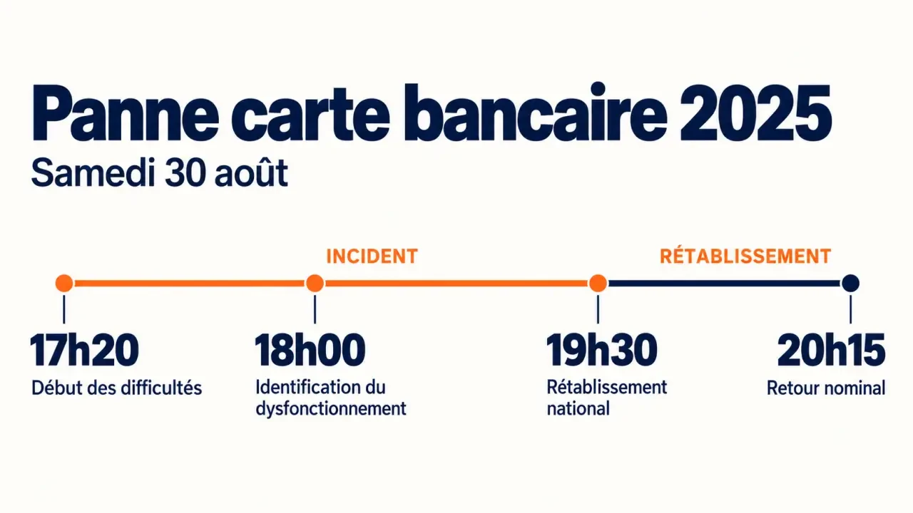 Chronologie de la panne carte bancaire 2025 du 30 août, de 17h20 à 20h15