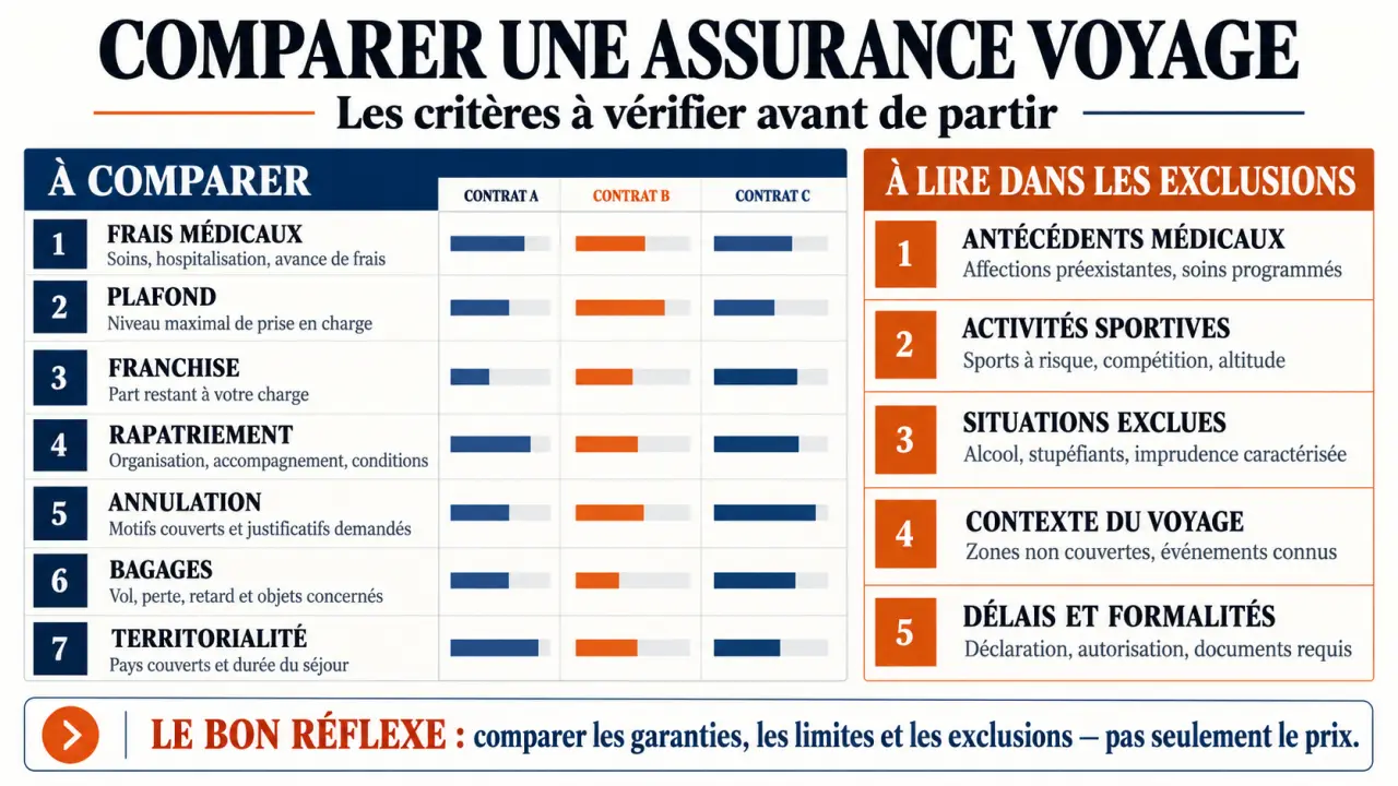 Infographie pour comparer une assurance voyage et comprendre les exclusions avant de partir